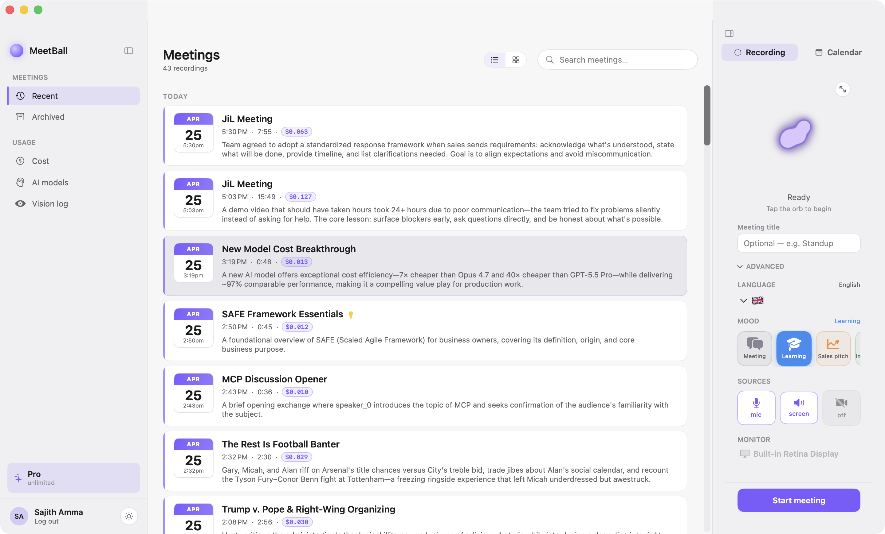 MeetBall library — list of meetings grouped by day