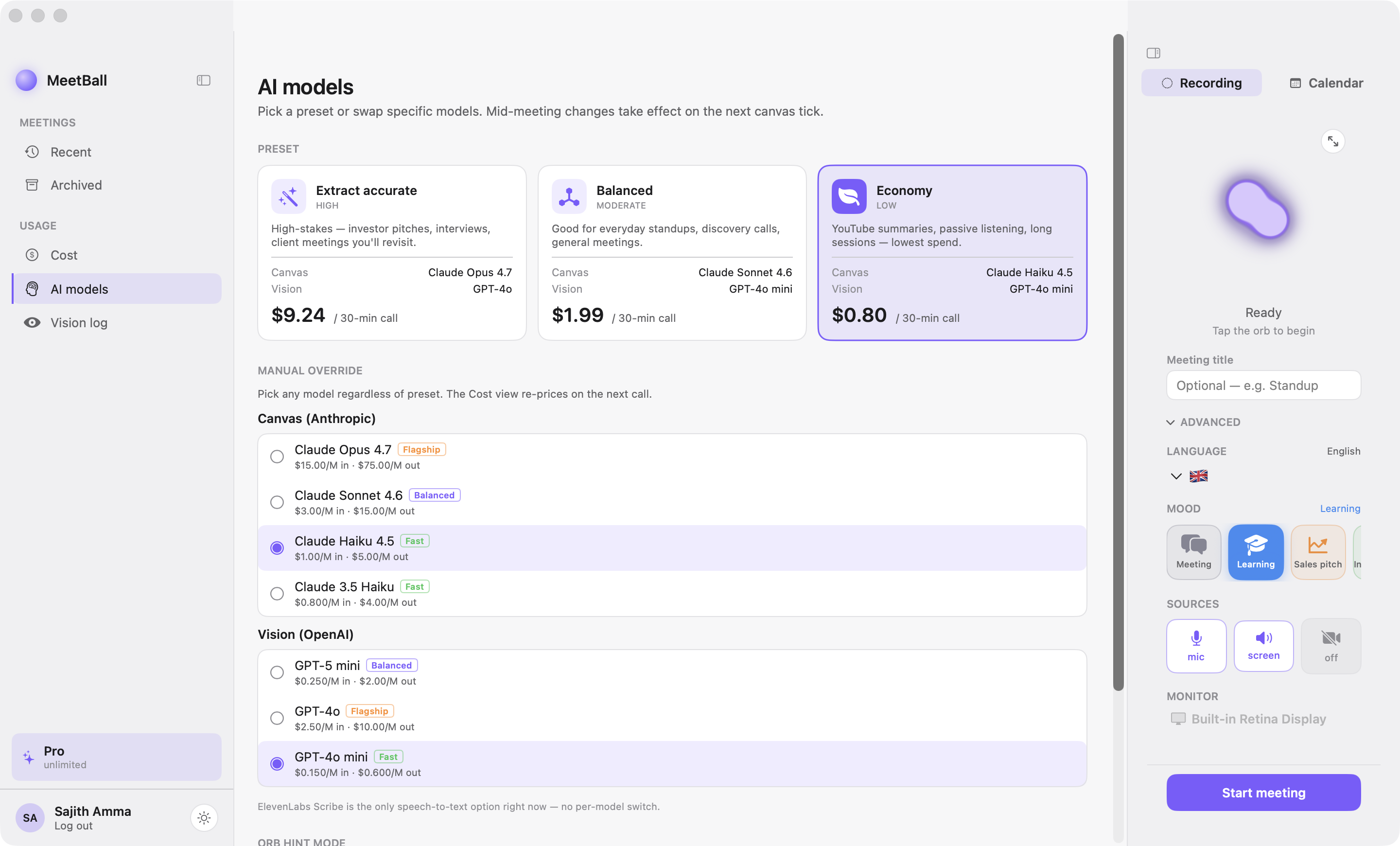 MeetBall AI Settings — model presets and overrides