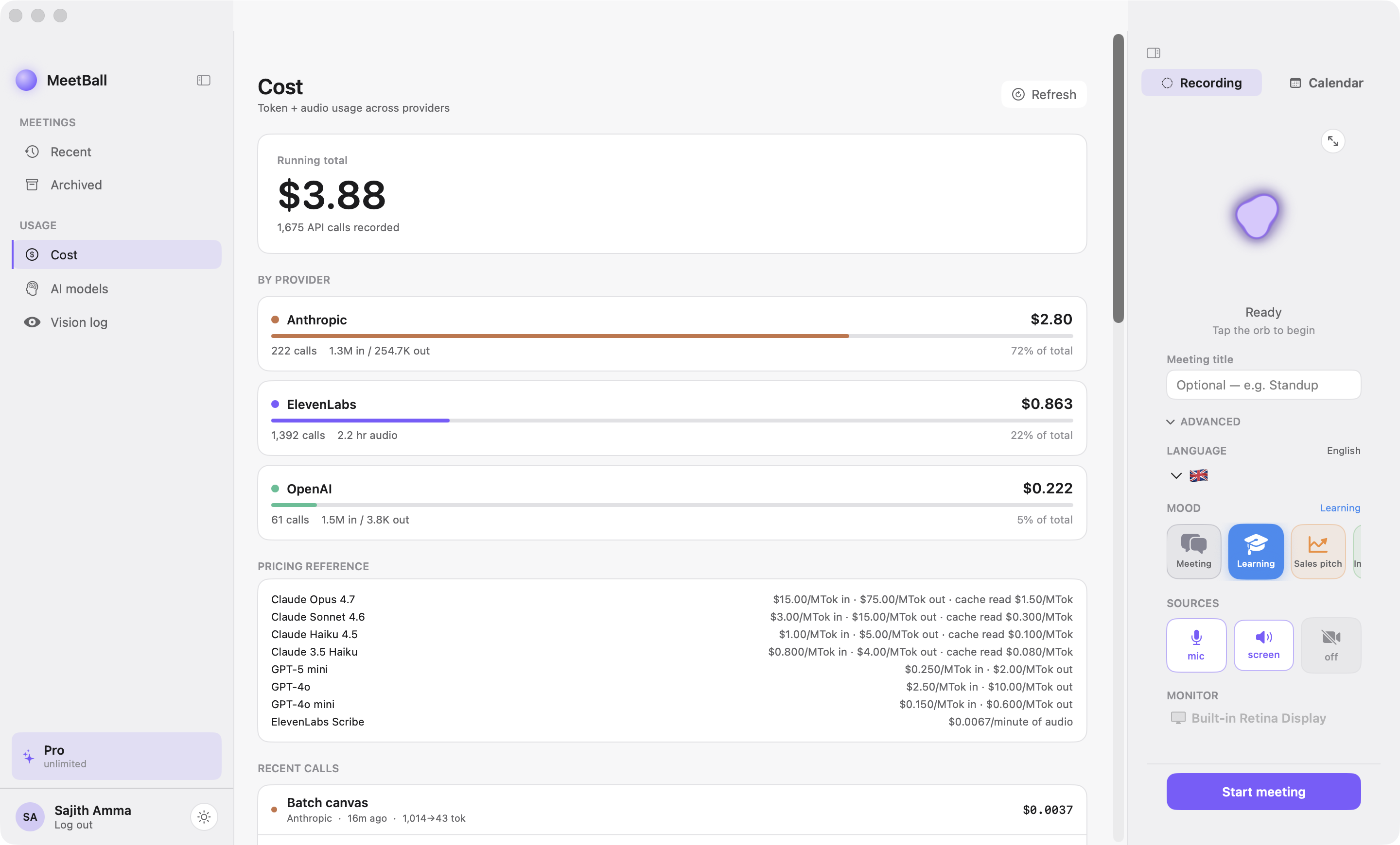 MeetBall cost dashboard